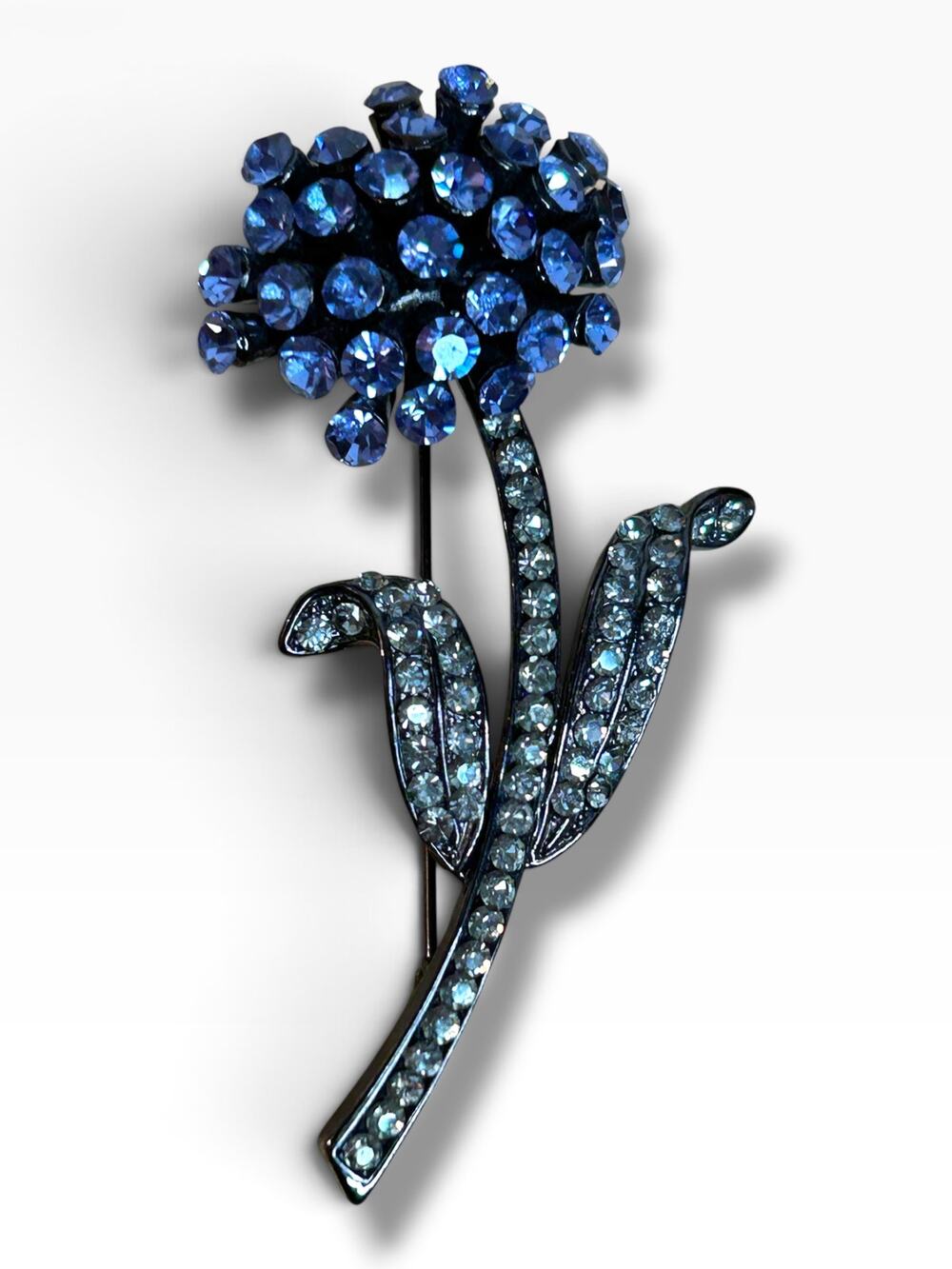 Vintage Flower Brooch Violet Blue and Clear Rhinestones Sparkly Statement